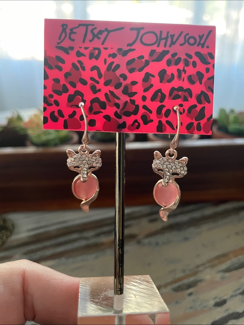 Betsey Johnson Goldtone Pink Fox Crystal Drop Earrings